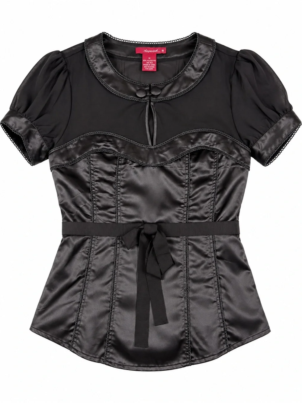 Grevercyte Black Satin Sheer Corset Style Blouse Size Large